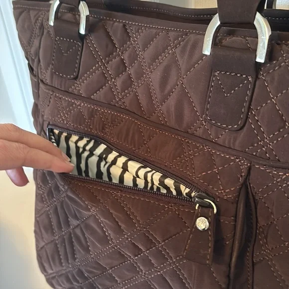 Vera Bradley Large Brown Quilted Shoulder / Tote Bag with Zebra Print Interior - Picture 6 of 11